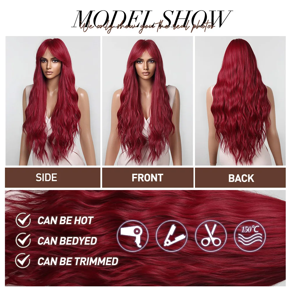 oneNonly Long Red Wig with Bangs Wave Synthetic Wigs for Women Halloween Party Cosplay Natural Heat Resistant Hair