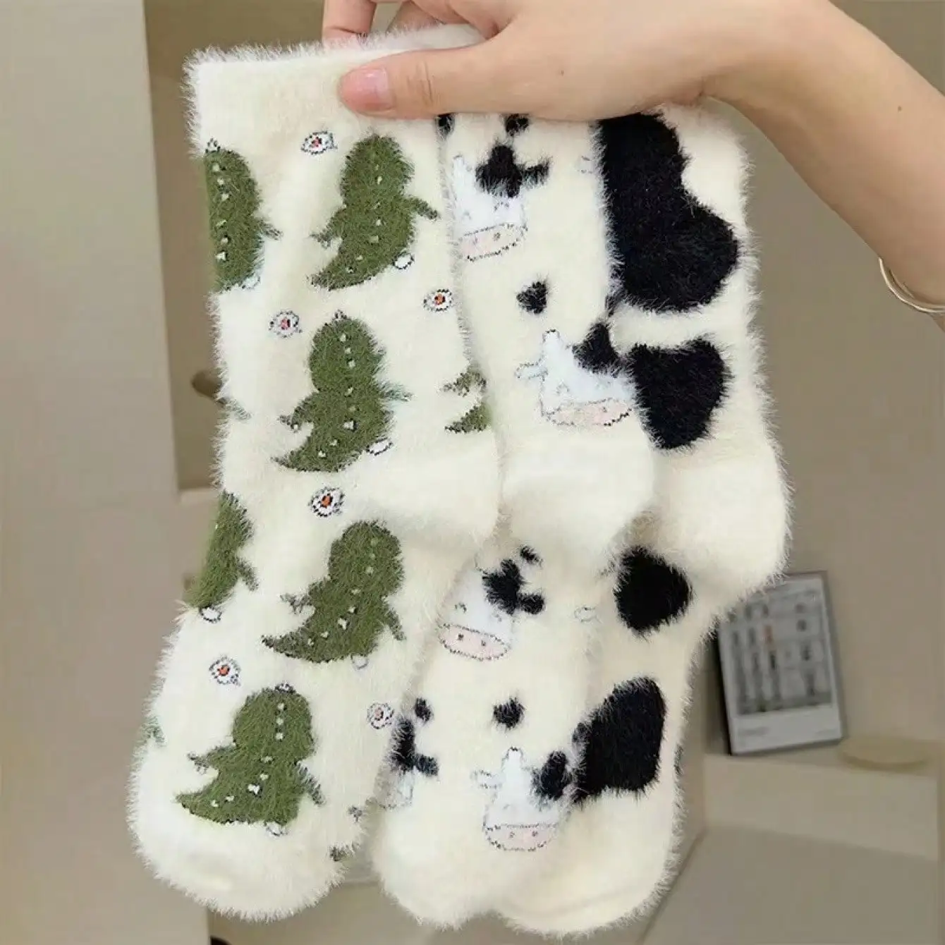 3 Pairs Cute Cow Spots Print Socks, Thickened & Warm Coral Fleece Socks, Women's Stockings & Hosiery