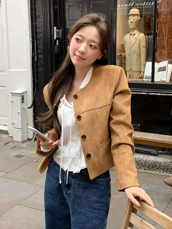 Koreaanse Sle ort Suede Jaet dames chique zeemeerminjas met enkele knop, trendy losse pasvorm, normaal dun dagelijks gebruik