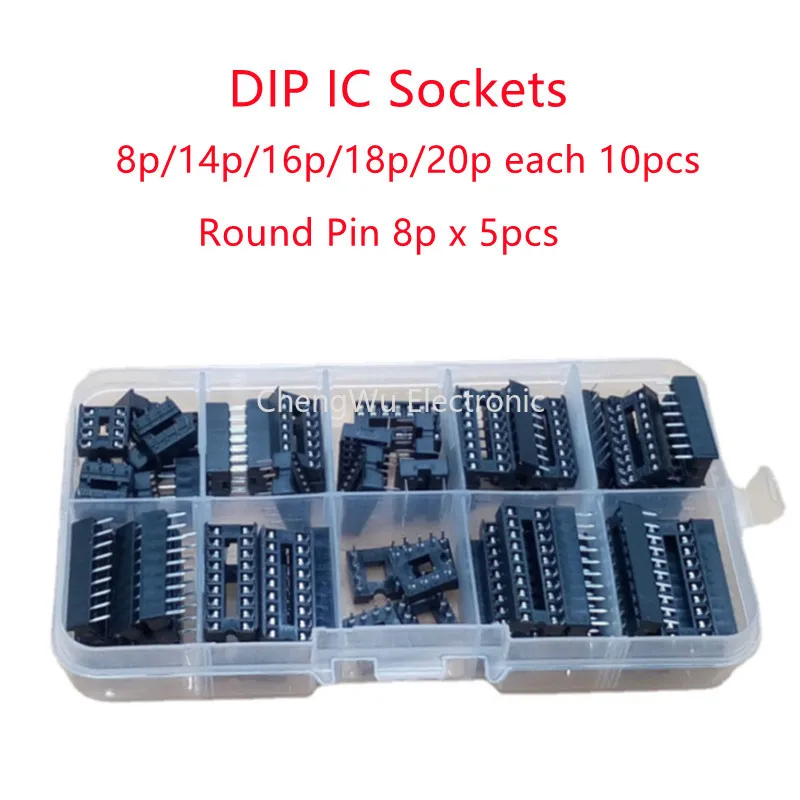 55pcs/box 6 Kinds DIP IC Sockets Adaptor Solder Type Socket 8p/14p/16p/18p/20 Pins and Round Pin 8P Kits