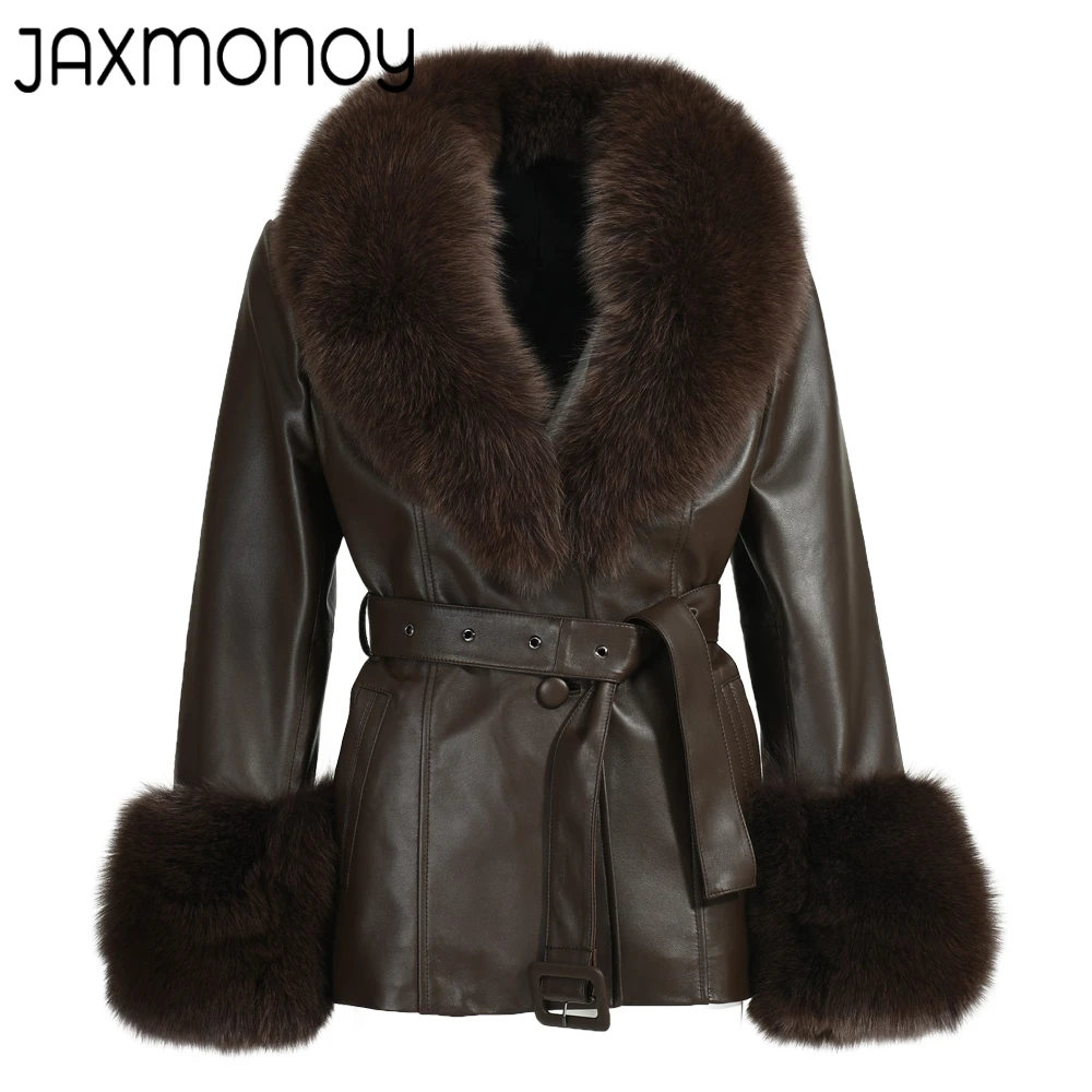 Jaxmonoy-Chaqueta de piel de zorro Real para mujer, abrigo de piel de oveja con cuello y puños, gabardina con cinturón, abrigos de moda para primavera y otoño