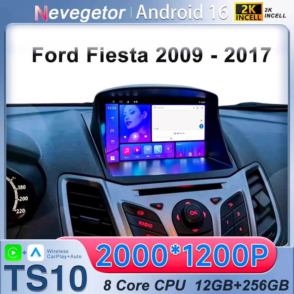 Radio para Auto Android 16 para Ford Fiesta 2009 - 2014, 2 Din, 9 Pulgadas, Multimedia, Estéreo, Carplay, Navegación GPS, Reproductor de DVD para Auto, Bluetooth