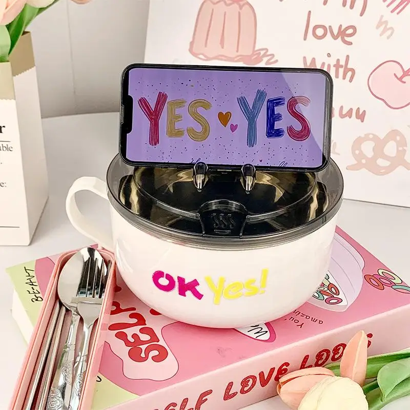 

[S]Stainless Steel Bowl With Lid For Instant Noodles Sealed And Portable Drain Bowl For Kitchen Utensils Instant Noodle Partner