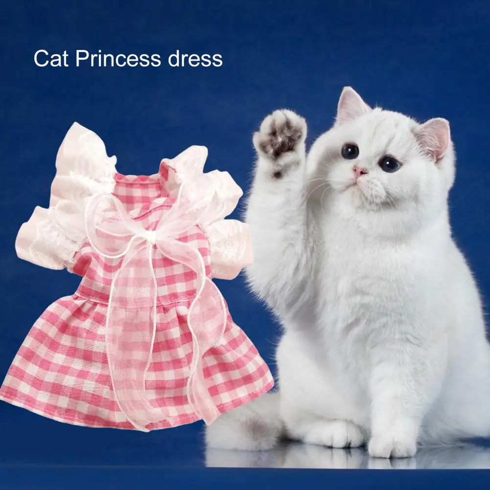 Cat Princess Dress Lace Stitching Square Collar Kit Dresses Ruffle Sleeves Plaid Printing Dog Bowknot Skirt For Daily Wear