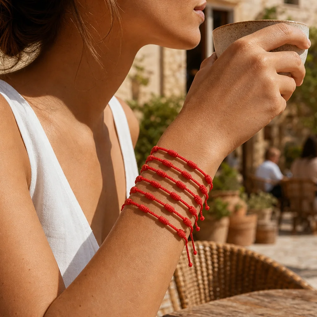 6pcs Red Cotton Cord Strand Bracelet with Geometric Knots Adjustable Lace-Up Closure Minimalist Unisex Wrist Jewelry
