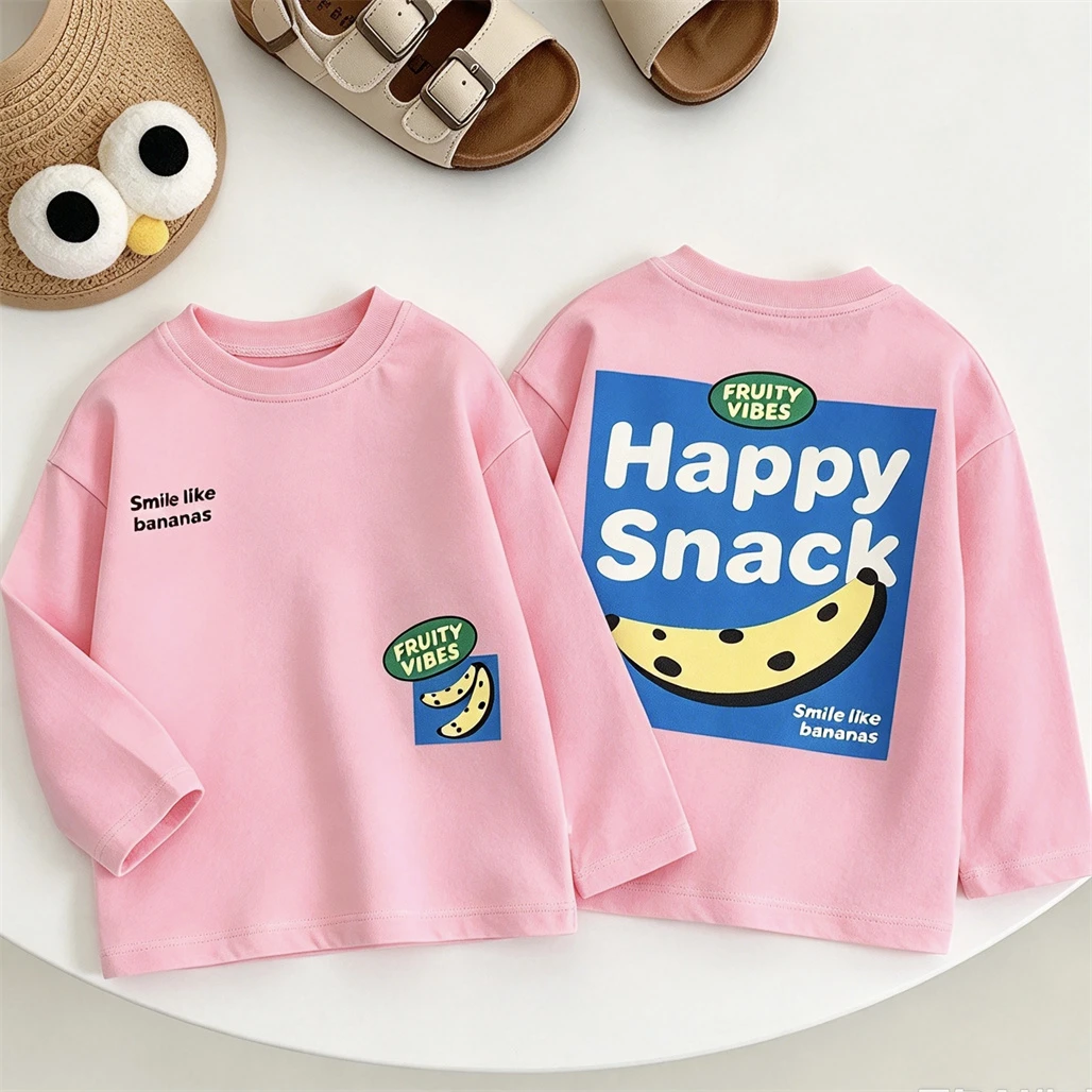 Pink Red Coffee White Tees Baby Trendy Printing T Shirt Early Autumn Clothes Loose Casual Wear Kids Round Neck Bottoming Shirt