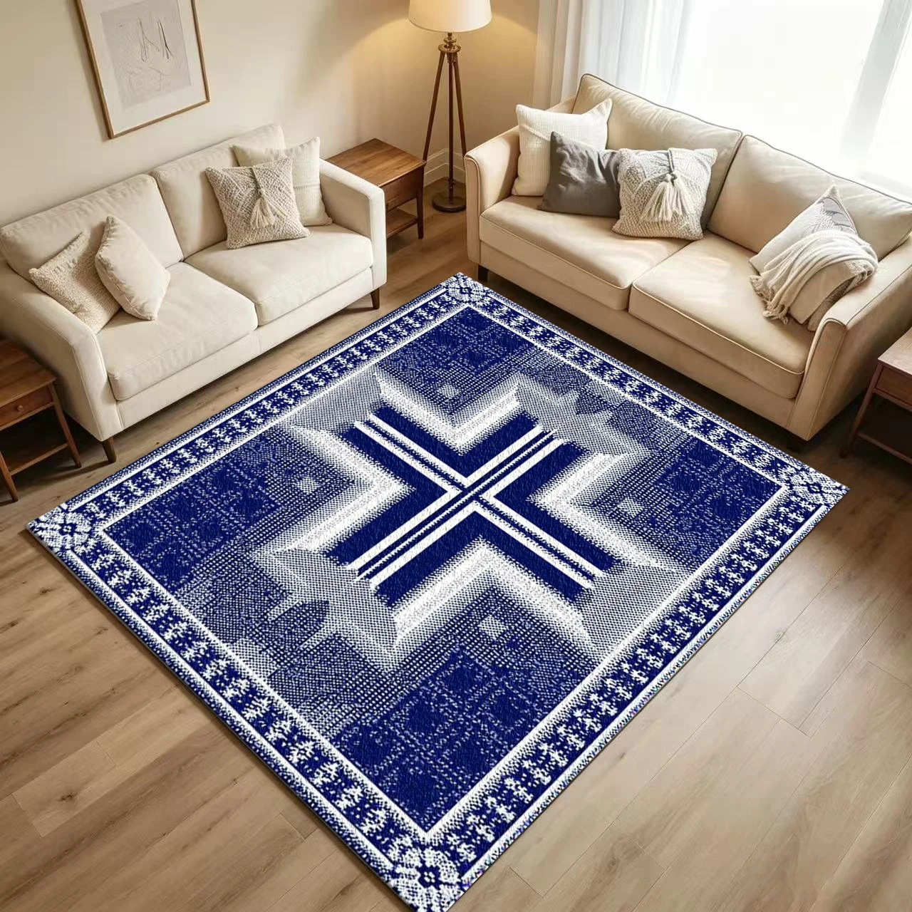 Vintage Blue White Aztec Geometric Carpet Flooring Retro Ethnic Cross Symbol Ornate Border Printed Floor Rug for Household Indoor Home Interior Decoration