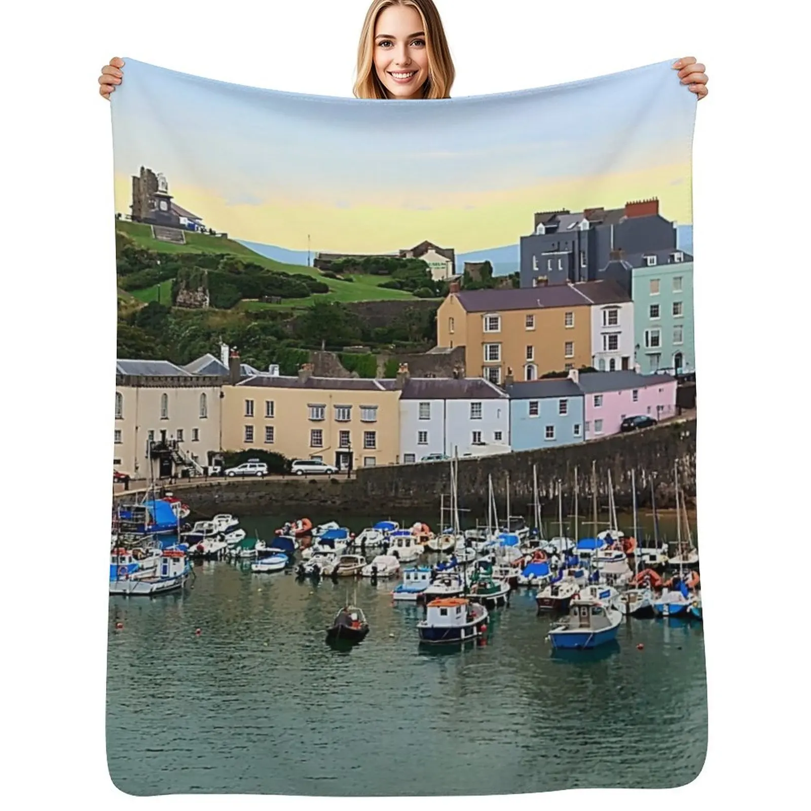 Tenby Harbour Panorama Throw Blanket Hair decorative Multi-Purpose Camping Sofa Throw Plaid Blankets