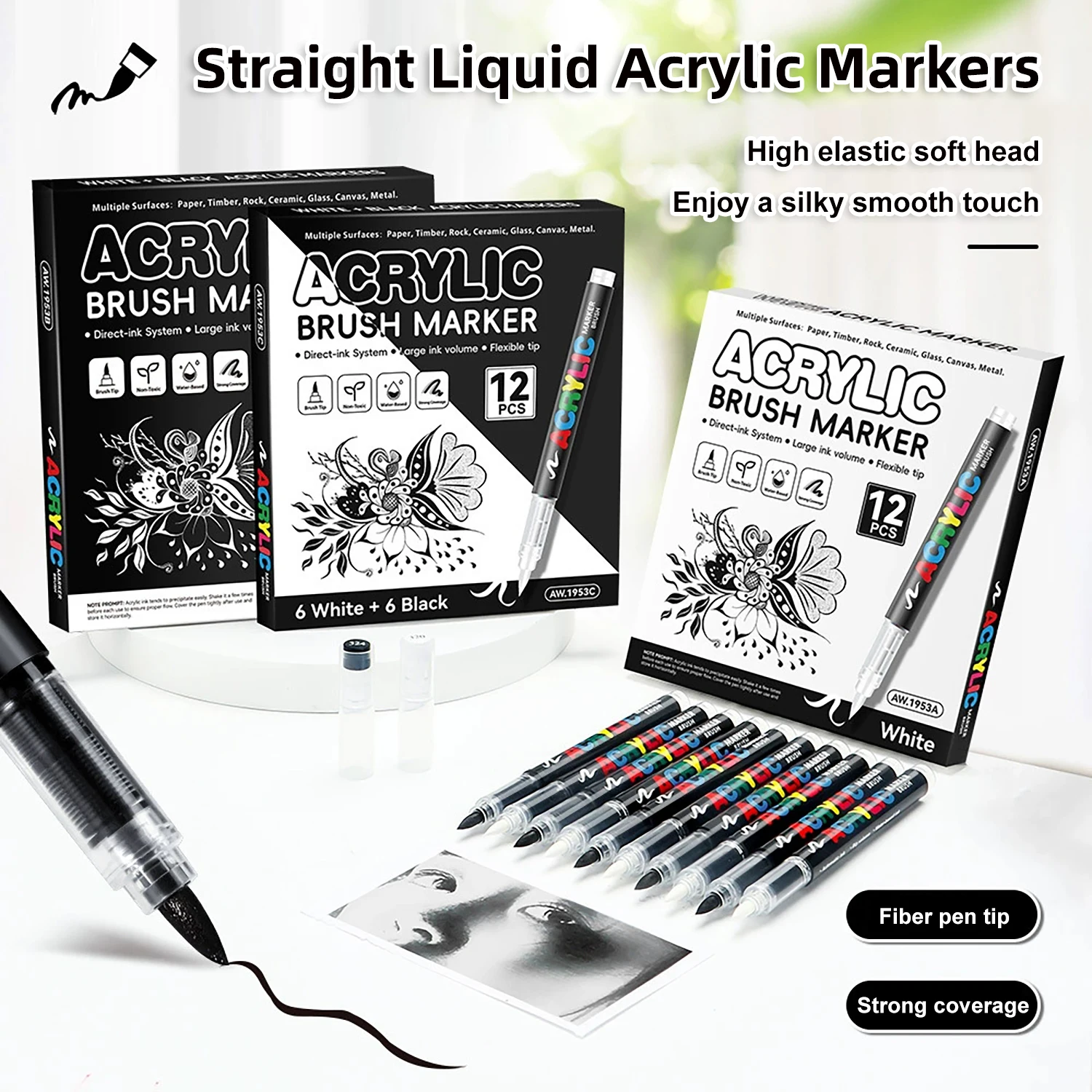طرف فرشاة لعلامات طلاء الأكريليك، 12 قطعة من أقلام التحديد الأكريليك ذات الطرف الناعم باللونين الأبيض والأسود مع نظام التحكم في الحبر السائل المباشر، القماش، إلخ