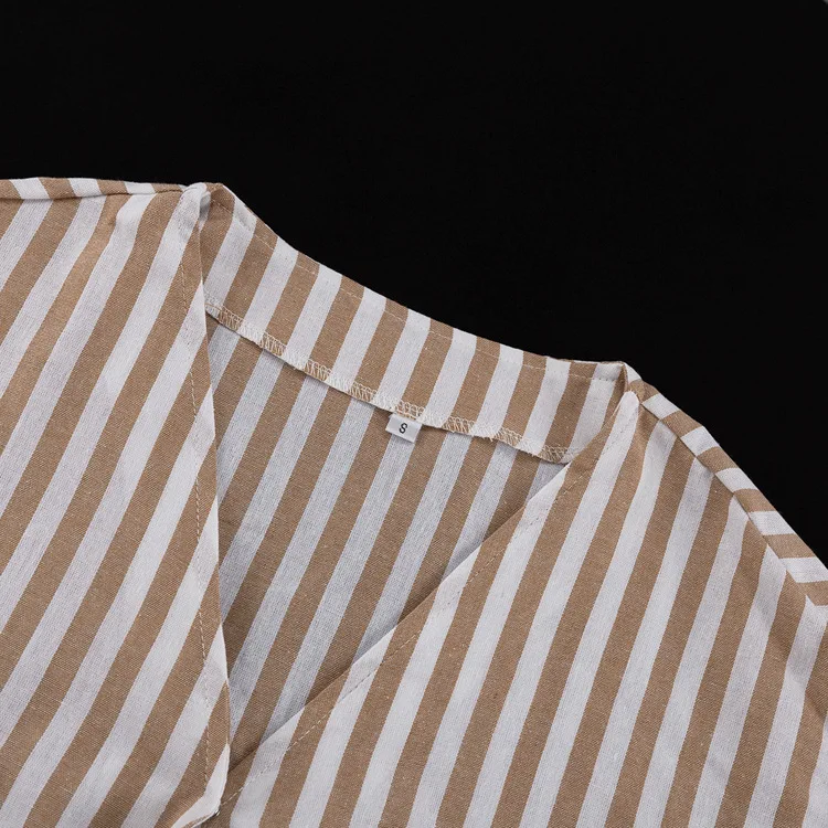 البني مخطط رقيقة بنطلون 2 قطعة مجموعة النساء الخامس الرقبة نصف كم الدانتيل متابعة سترة بلوزة الصيف بسيط موضة سراويل تقليدية مجموعات #4