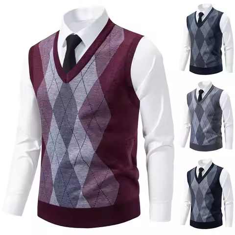 Men's V-neck Knitted Sweater Warm Autumn Winter Diamond Grid Twisted Flower Casual Fashion Versatile Knit Top