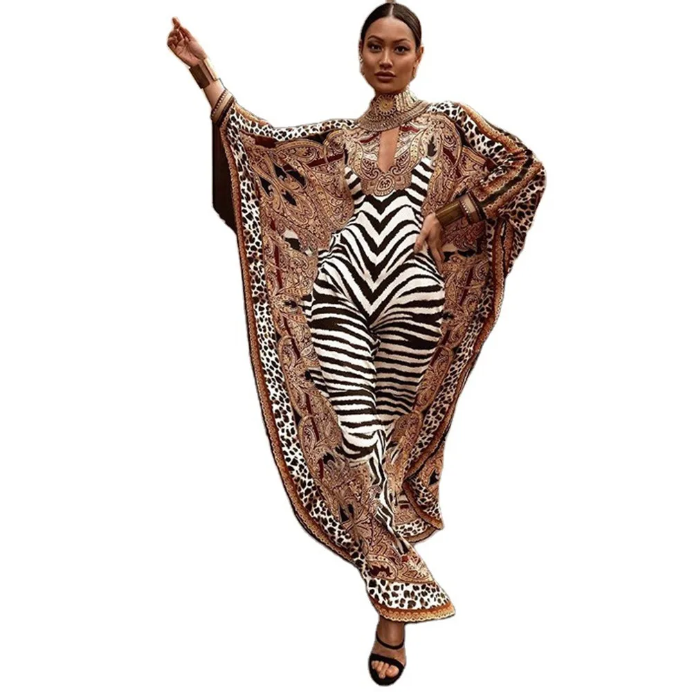 Afrykańskie sukienki damskie 2023, z nadrukiem zebry Dashiki Elegancka suknia damska Muzułmańska Abaya Kaftan Bat Sleeve Robe Plus Size Long Dress