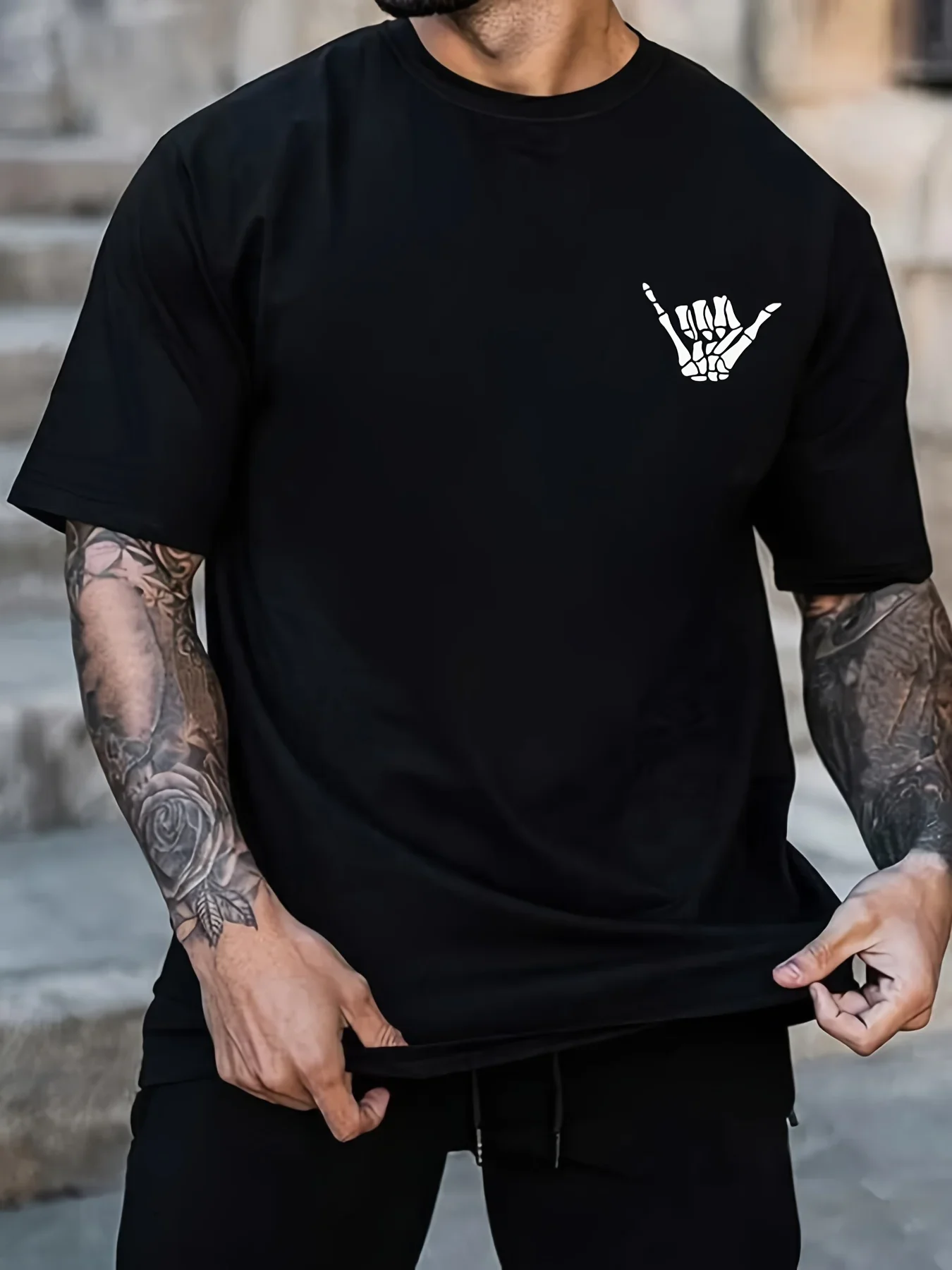 T-shirt manches courtes col rond homme, 100% coton, imprimé squelette main victoire geste, à la mode, sport décontracté, ample,