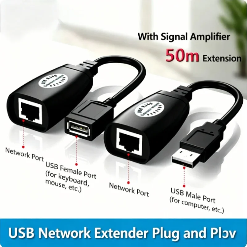 50m USB Signal Amplifier Extension Cable with RJ45 Network Adapter Long Reach Data Transmission Network Cable