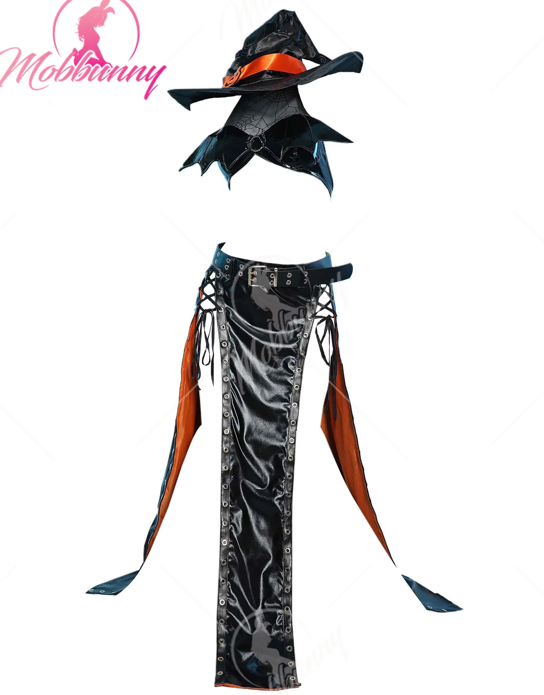 

Mobbunny Halloween Gothic Pumpkin Witch Sexy Lingerie Set Halter Bat Wings Top and High Slit Skirt with Hat Gloves Socks