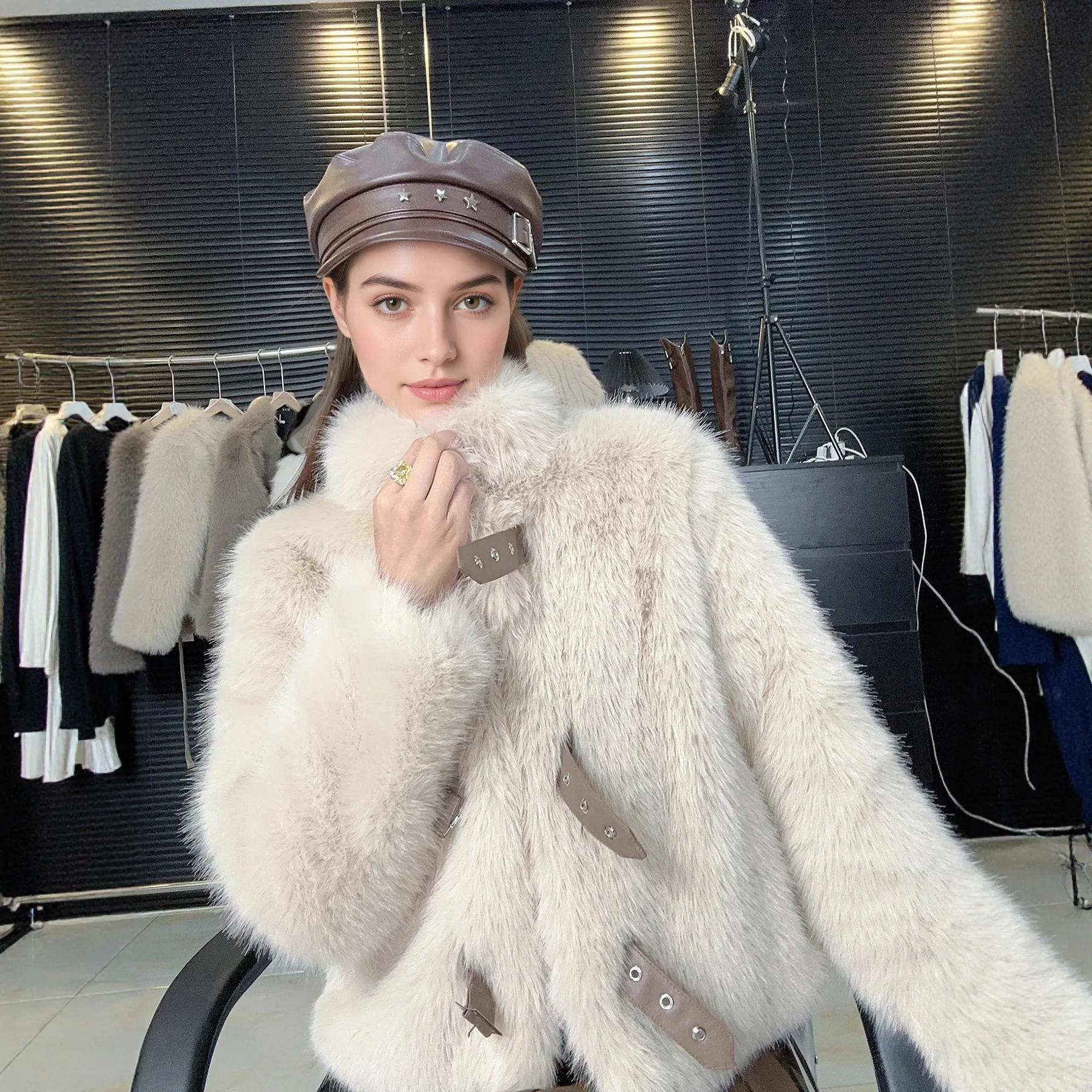 

Maillard Color Leather Buckle Design Faux Fur Coat Winter Short Warm Plush Jacket