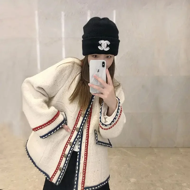 2024 Autumn New Long Sleeved Single Breasted Contrast Color Braid Woolen Jackets for Women Casual Loose Women Cropped Coat