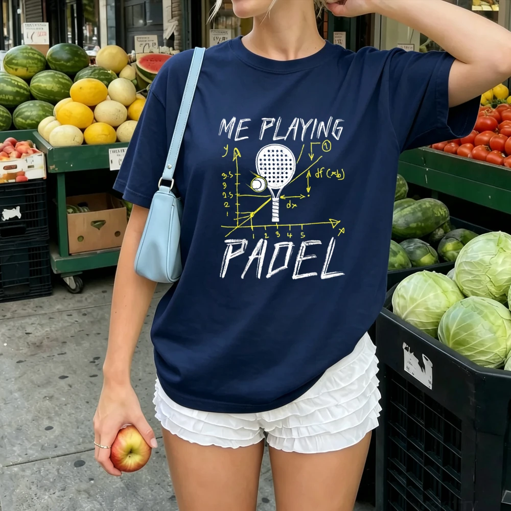 Women Me Playing Padel Sketch Graph Slogan Graphic Tshirt Padel Tennis Hand Drawn Letter Print Crew Neck Loose Sports Casual Top
