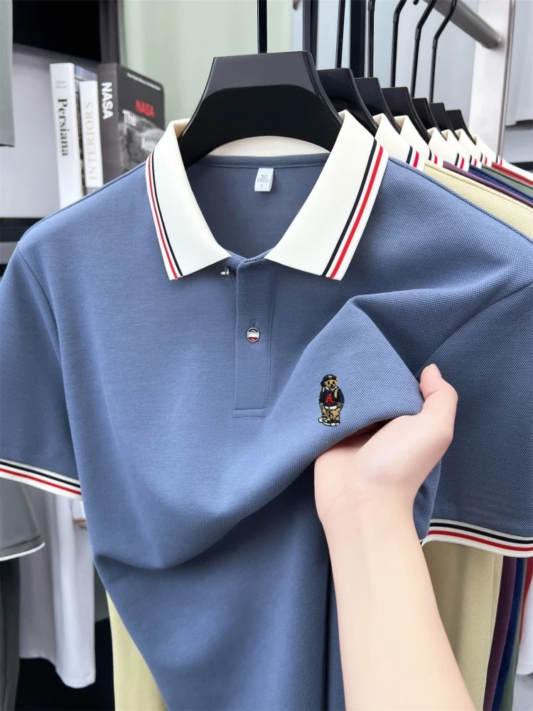

Designer brand silk cotton short sleeve polo shirt summer new cartoon bear embroidery men's T-shirt Korean casual breathable top