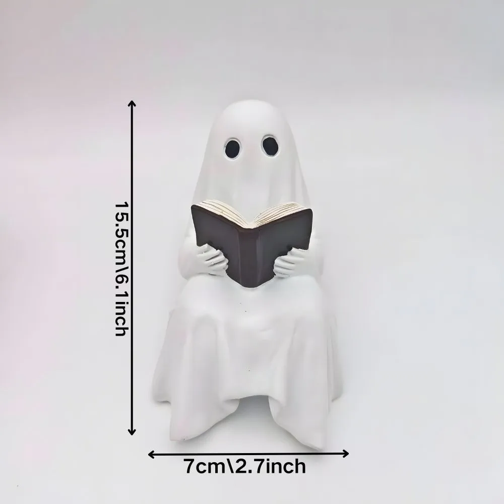 Cute Ghost Reading Statue Resin Reading Book Spooky Ghost Figurine Hand Painted Sitting Halloween Ghost Figurine Home Decor