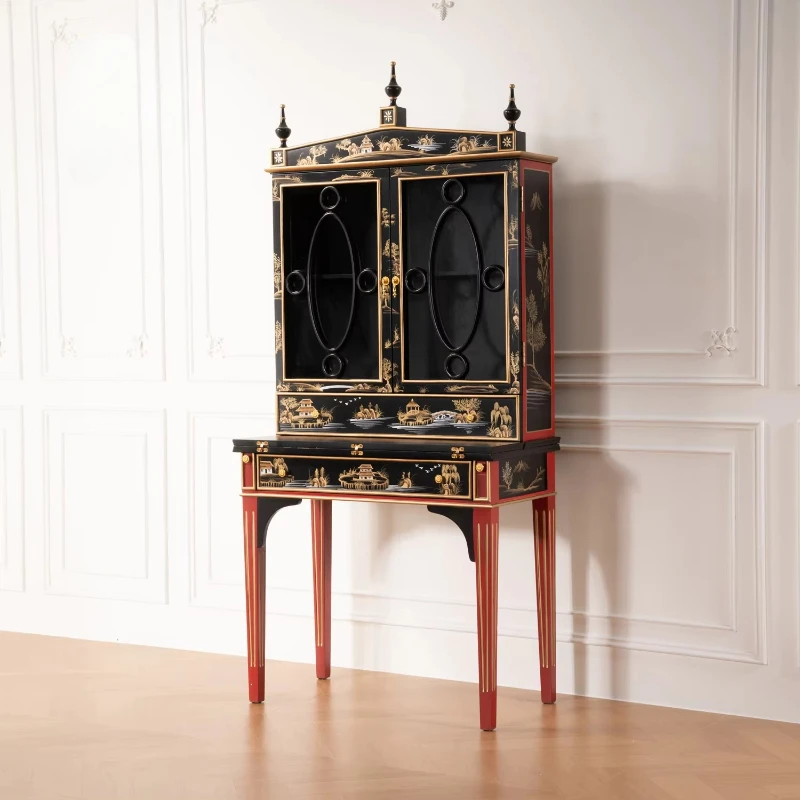 

Chinese retro luxury solid wood locker classical antique cabinet glass display hand-painted locker restaurant