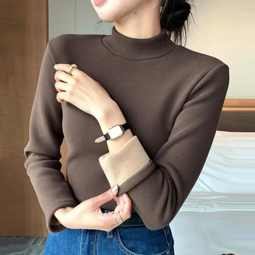 Regular-fit Women Top Elegant Thicken Velvet Lined Winter Sweater Slim Fit Knitwear Jumper with Half High Collar Stay Warm