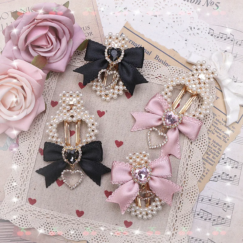 

Japanese Sweet Cute Girl Mass-produced Heart-shaped Love Pearl Bow Rhinestone Pendant Hairpin Lolita Hair Accessories Women