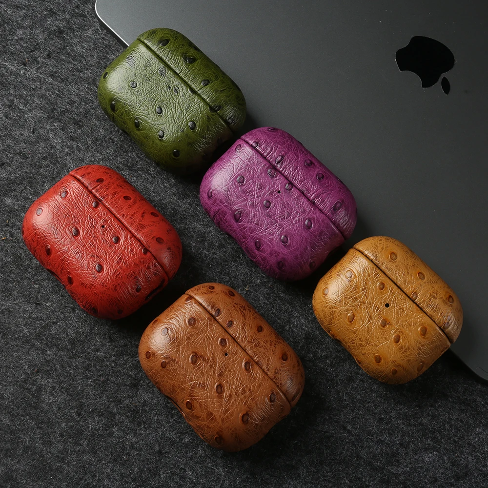Ostrich Pattern Genuine Leather Earphone Case For Airpods 4 5 Pro 2 Pro2 Pro 3 Pro3 Airpods4 Headphone Box Wireless Bluetooth