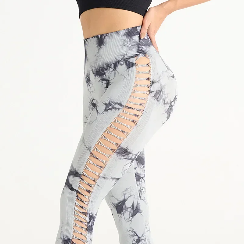 Calções de yoga confortáveis calças de cintura alta das mulheres tie dye oco para fora com malha lateral sexy sem costura leggings de fitness para treinos esportivos