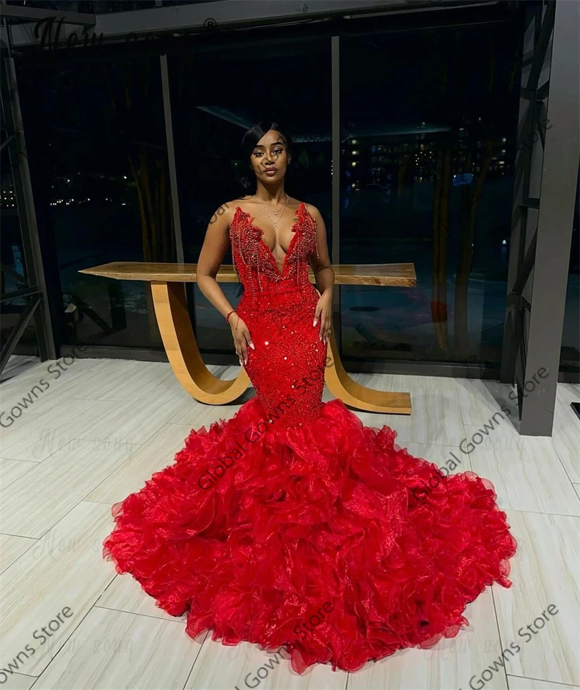Red Strapless Sequin Long Prom Dresses Black Girl Bead Crystal 2024 Birthday Luxury Dress Tassel Ruffles Evening Gown Customized image 3