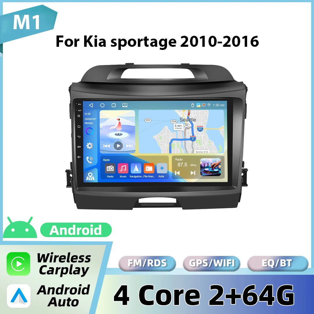 Podofo 9'' autoradio voor Kia Sportage 2010-2016 met draadloze CarPlay, Android Auto, multimediasysteem, WIFI, GPS, FM/RDS, BT head unit