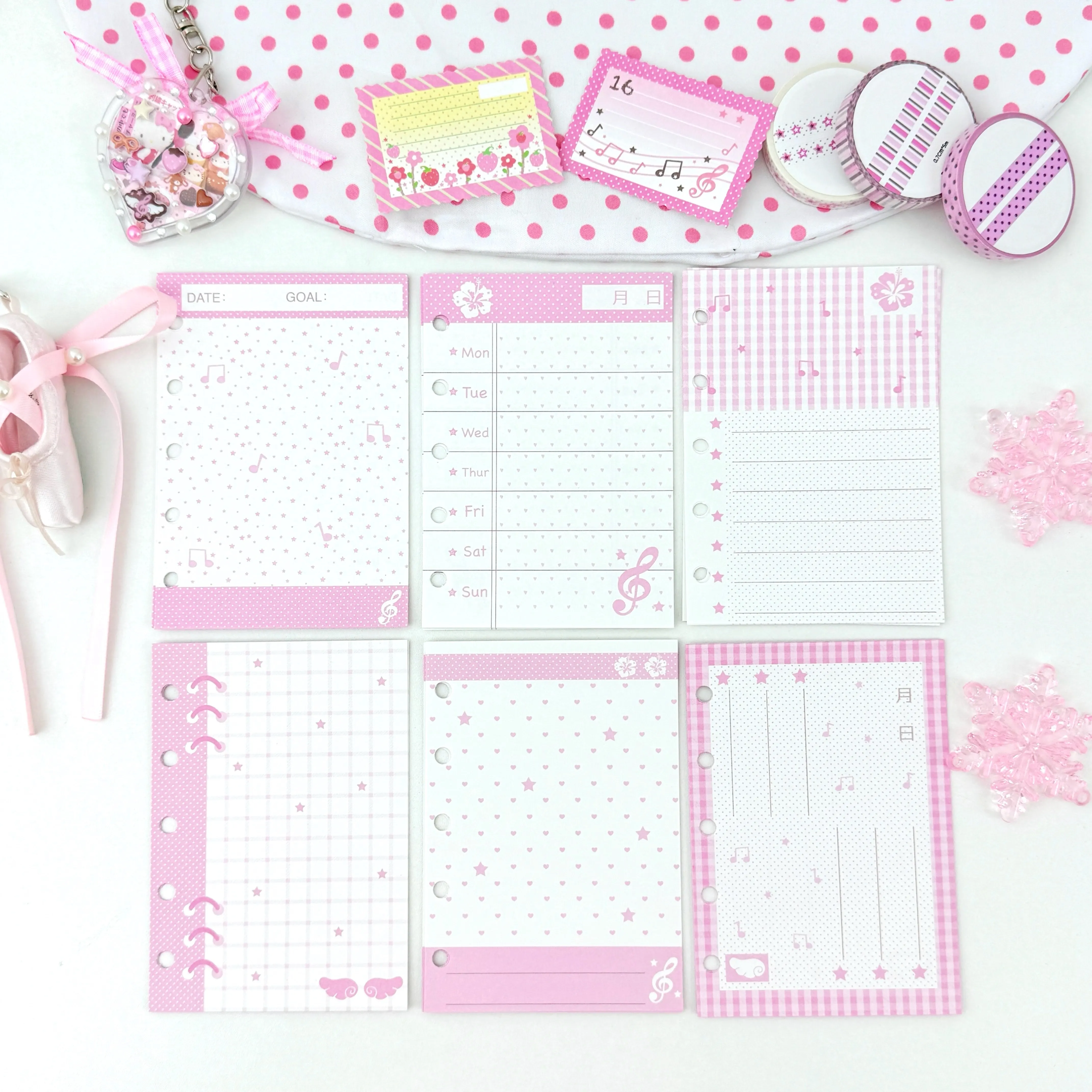 

60pcs M5 Planner Inserts Cute Pink Music Note StarsTheme Prepunched Hole Refill Paper for Mini Pocket Binder Weekly Planner