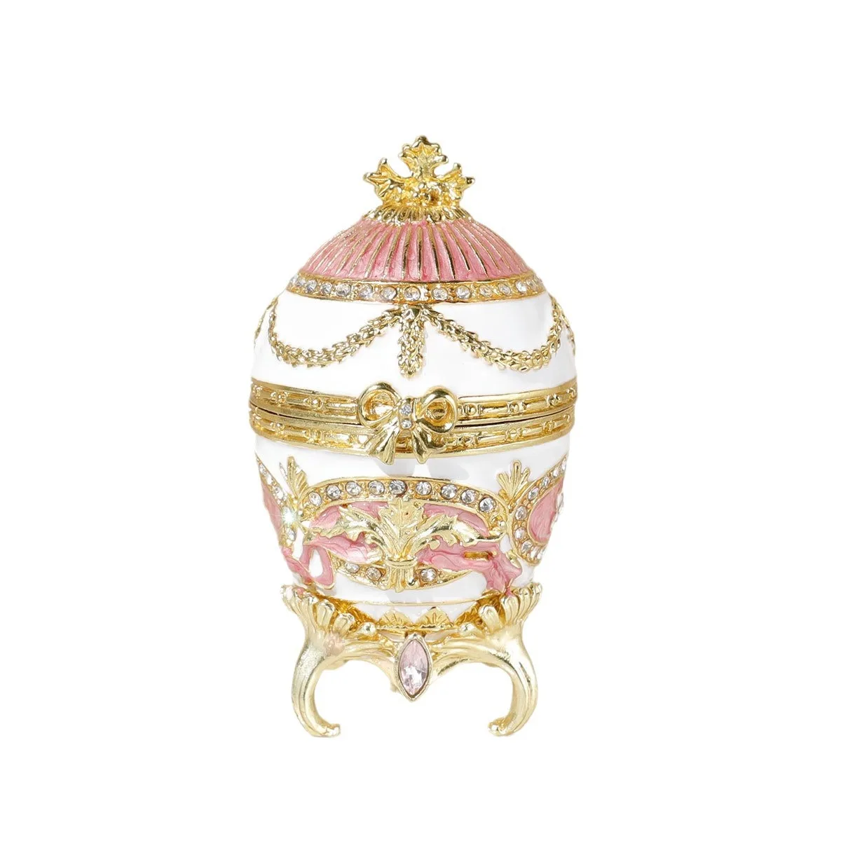 Luxury Gold Plated Fabergé Egg Trinket Box, Pink White Enamel Bow Decorative Jewelry Box, Collectible Home Decor Gift for Women