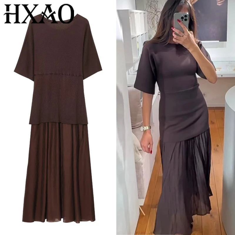 HXAO Gestrickte Damenkleider 2025, kurzärmelig, solide, elegante Kleider für Damen, plissiert, Frühlings- und Sommerkleid, Patchwork, langes Kleid