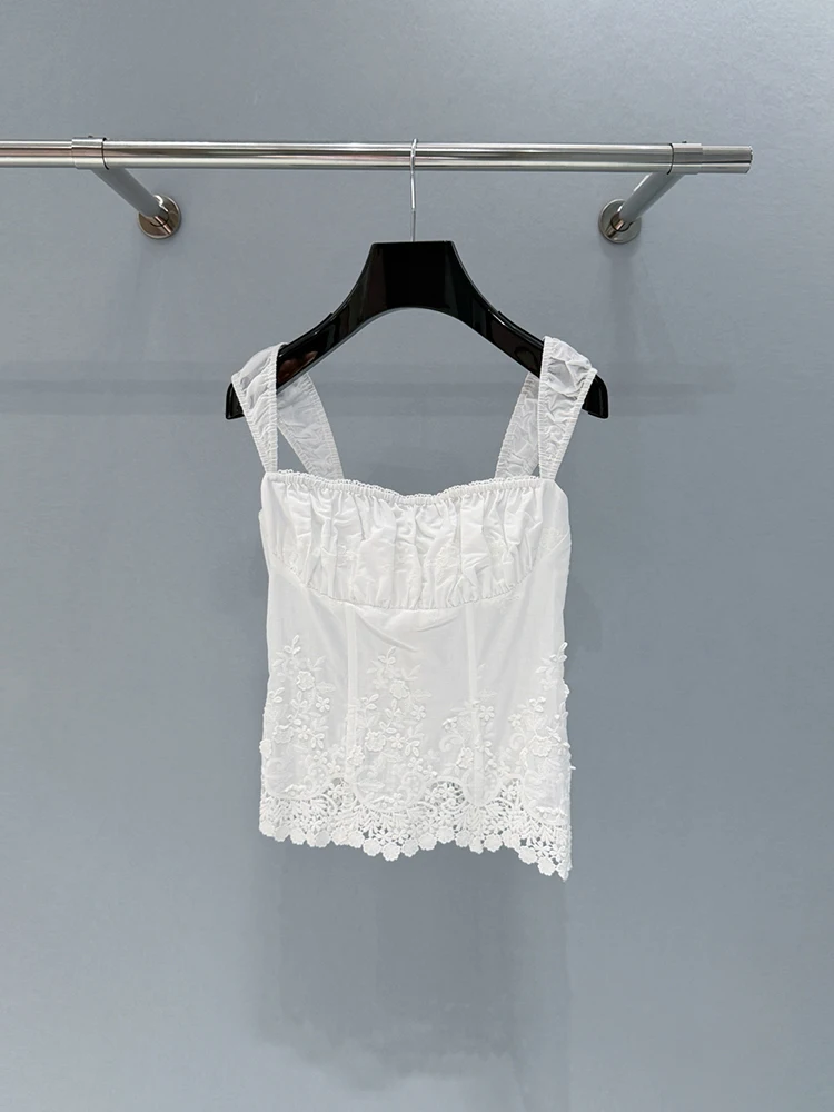 

Летний модный комплект для вечеринок: белый элегантный костюм с юбкой, женский топ на тонких бретелях с кружевной вышивкой + длинная юбка А-силуэта с широким подолом