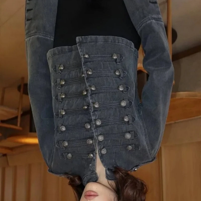 Buttons Short Denim Jacket Vintage Court Style Y2K Design Washed Tops Jeans Coats Gothic Grunge Cardigans Bomber Jackets