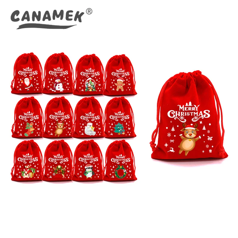 5Pcs Red Christmas Velvet Bags Drawstring Santa Gift Packaging Bag Candy Biscuit Pouch Merry Christmas Party Favors Storage Bag