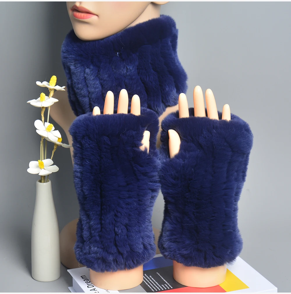 One Set Women Real Rex Rabbit Fur Cuff+Headband Winter Warmer Hat Arm Wrist Sleeve Gloves Female Real Fur Cap+Elastic Wristband