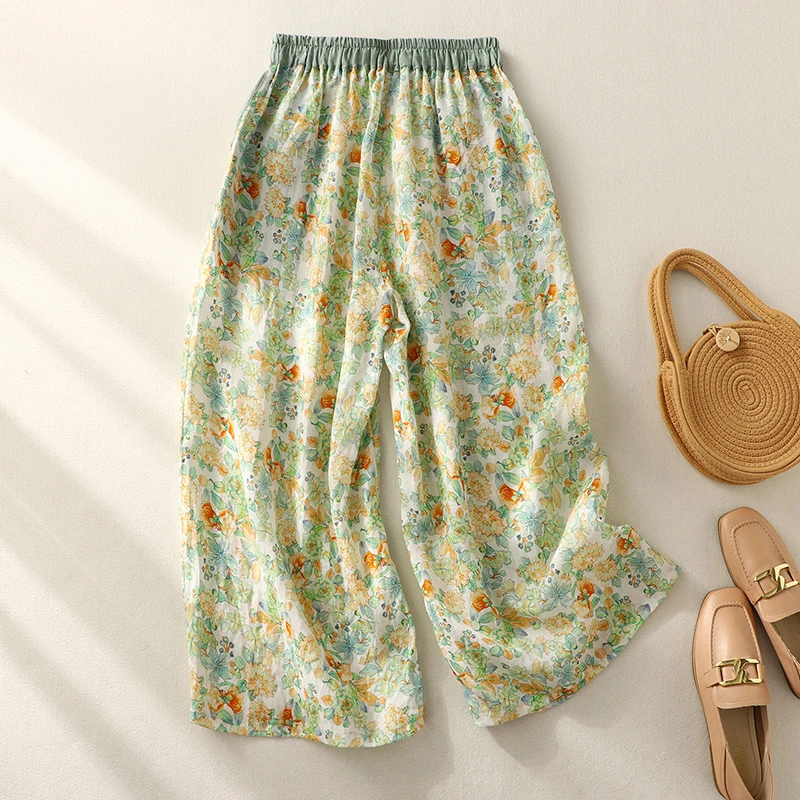 Pantalon large ample d'été pour femme, taille haute, imprimé ethnique, modèle fin, style décontracté, neuf points