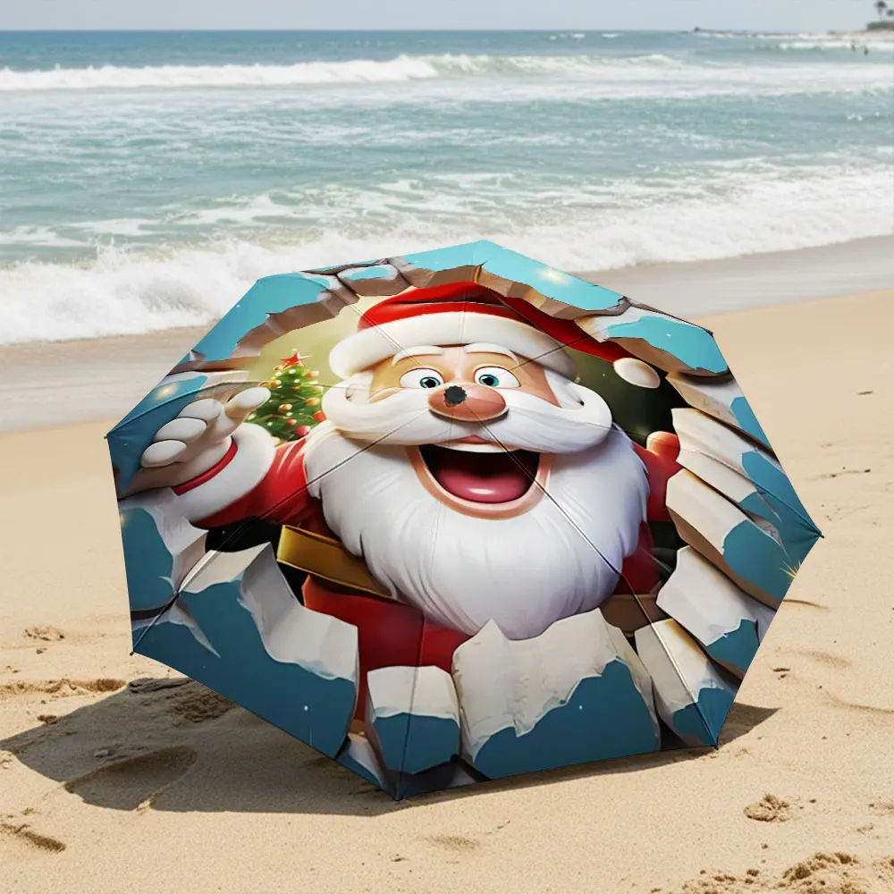 Cheerful Santa with Christmas Tree Umbrella Design Compact Fashion Folding Umbrella for Daily Use, Christmas Gift