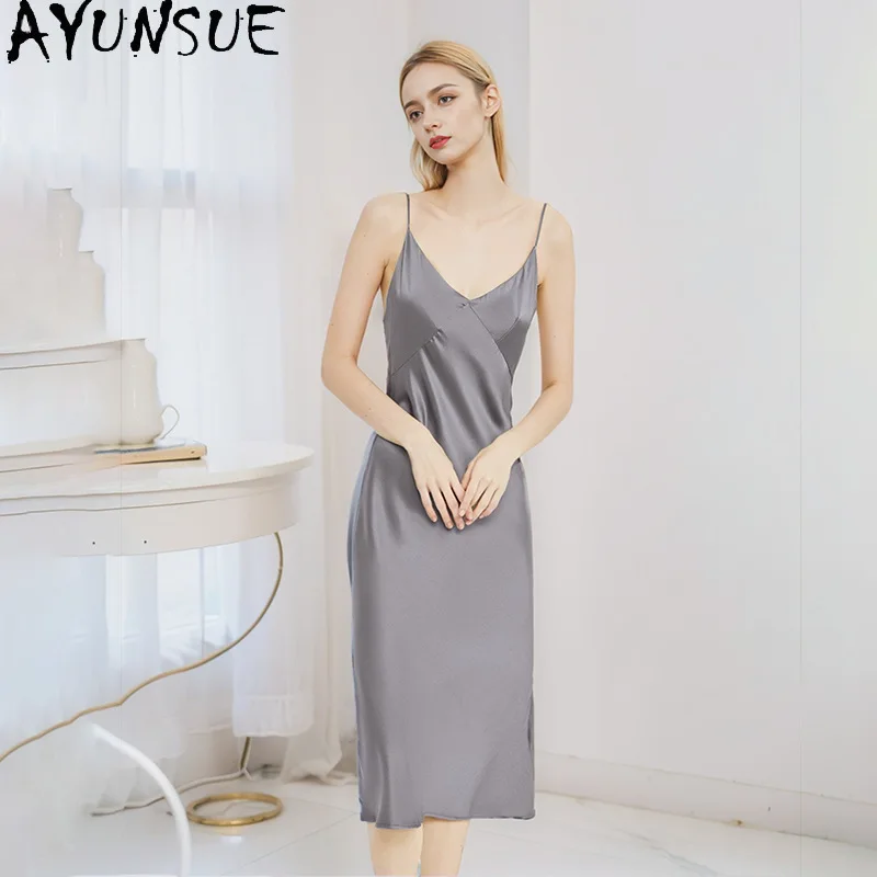 

AYUNSUE 100% Шелковая ночная сорочка из тутового шелка для женщин, летняя одежда 2026, 19 мм, шелковая пижама, сексуальное белье для сна, длинное платье на бретельках, женская пижама