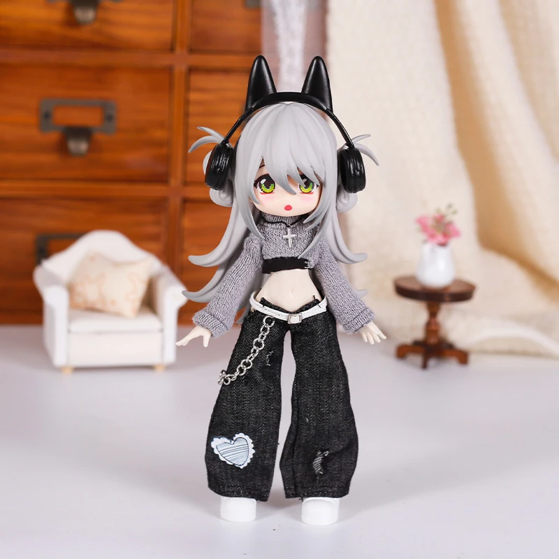 Bjd Doll Clothes Street Fashion Temperament Jeans Vest Sweater Set With Cross Necklace Baby Doll Toys for Girls Accessories - view 3