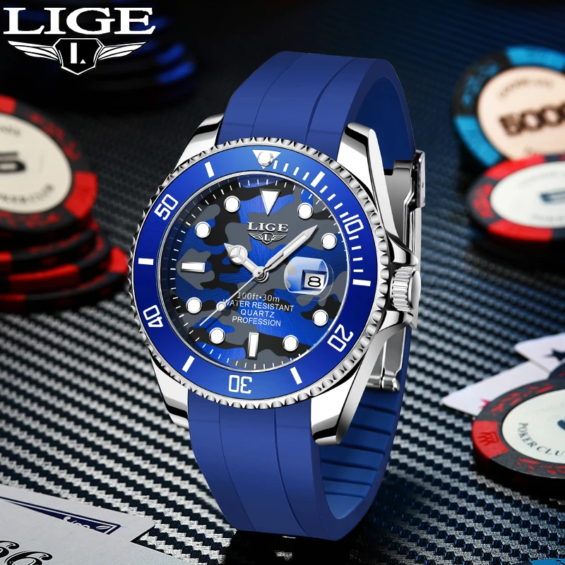 LIGE Man Watch Fashion Sport Quartz Watches for Men 3Bar Waterproof Luminous Date Clock Military Casual  Silicone Wristwatch+Box