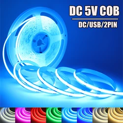 5V COB Strip USB / DC / 2PIN White/Ice Blue/Pink/Yellow/Pink/Red PCB 8MM Flexible Ribbon Rope Night Lamp TV Backlight LED Strip