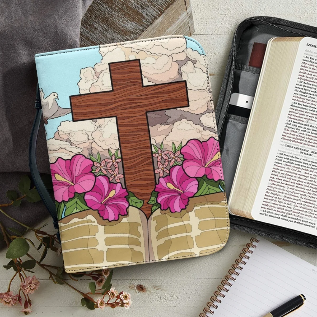 FORUDESIGNS Amazing Grace Bible Case With Zipper Hibiscus Flower Cross Design Tote Bag Protector Bible Practical Ladies Handbag