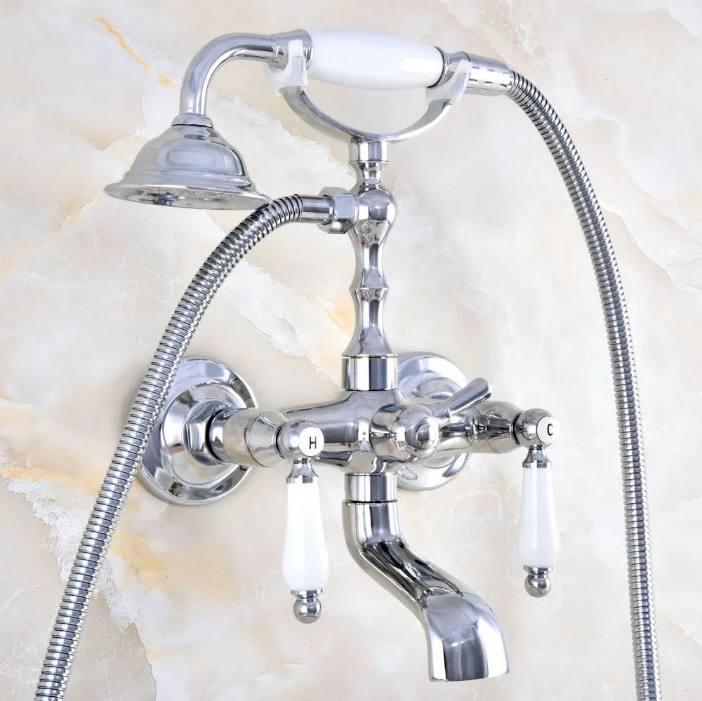 

Polished Chrome Clawfoot Tub Shower Faucet Wall Mount Telephone Style Hand Shower Sprayer