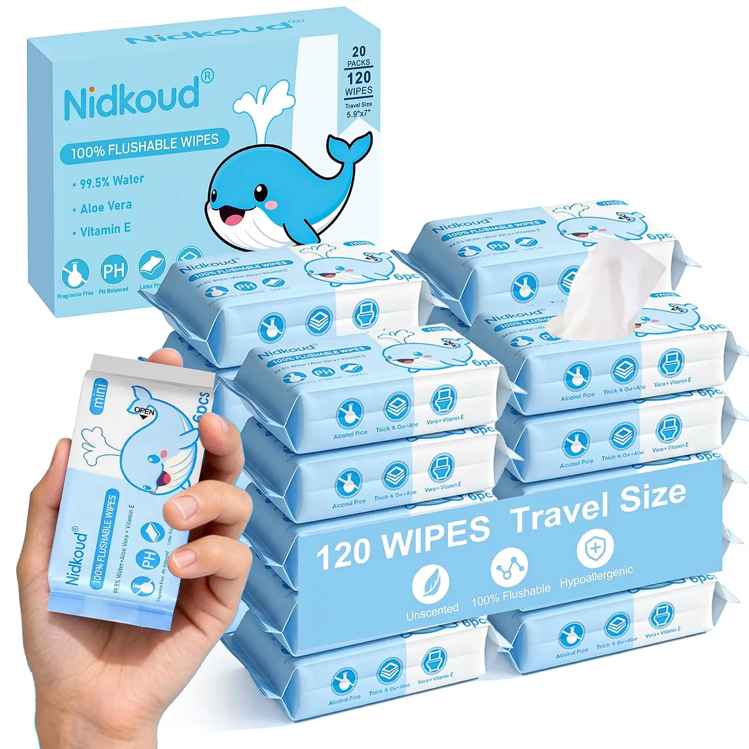 

Travel Flushable Wipes 20 Pack (120 Wipes) - Unscented with Aloe, 99.5% Water, Eco-Friendly