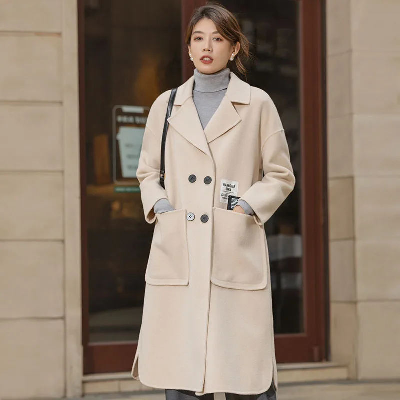 

Autumn and Winter New 100% Pure Wool High end Loose Double sided Wool Coat Women's Mid length Hepburn Style Solid Color Wool Coa