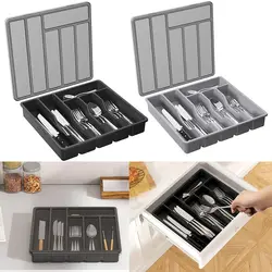 Silverware Organizer with Lid Covered Utensil Tray for Drawer Flatware Storage Box Kitchen Gadgets