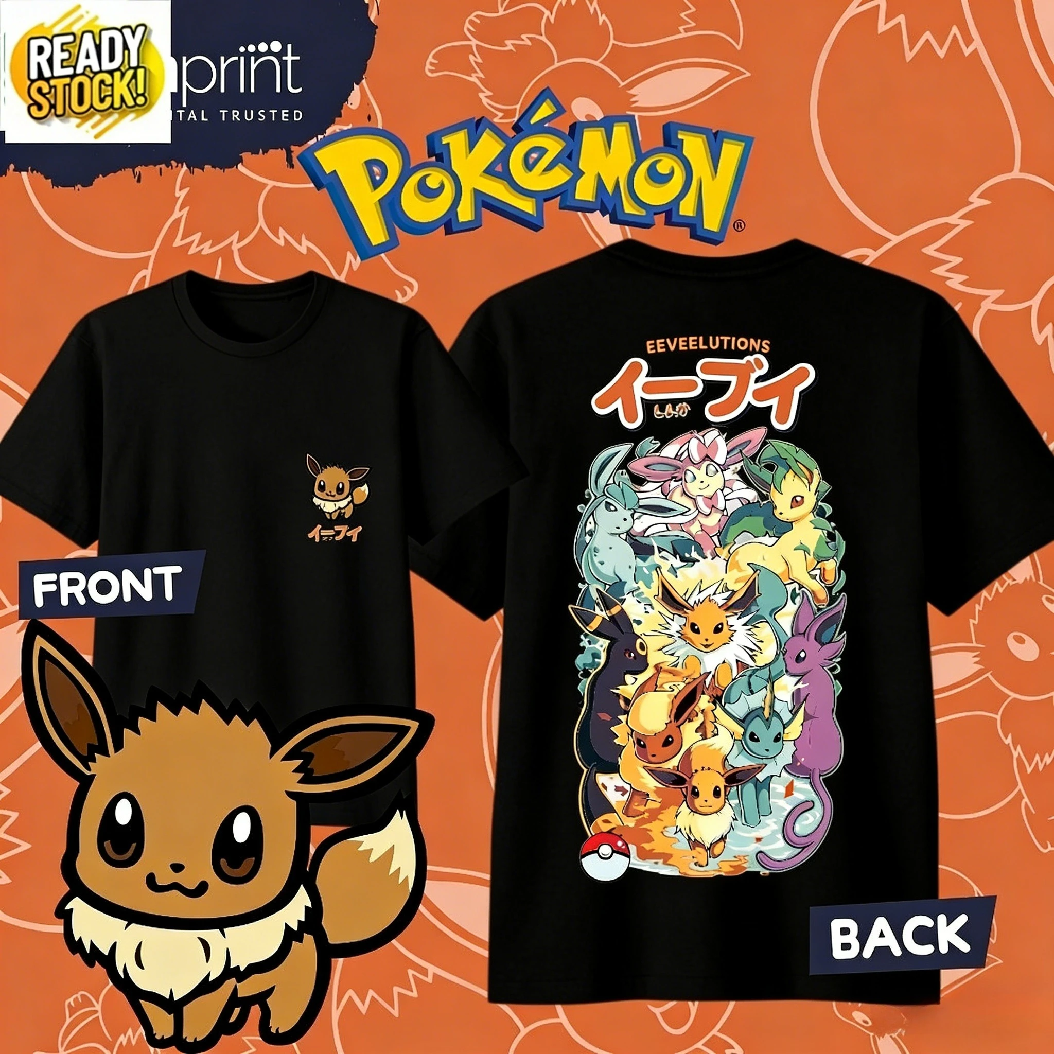 Bandai Pokémon Eeveelutions 100%cotton Tshirt O-neck Cute Style Short Sleeve 2026 Summer Kids/Men's Harajuku Graphics Shirt Y2k